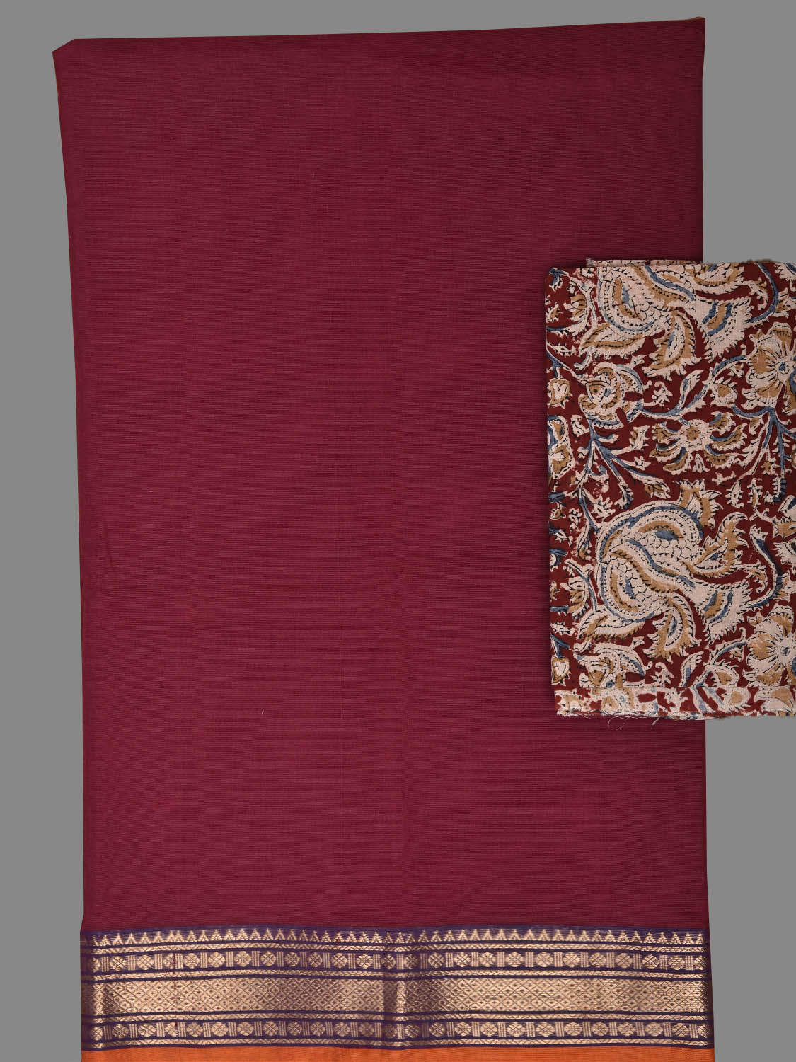 Dark Red Kanchipuram Cotton Plain Saree with Strips Pallu Design and Kalamkari Blouse k0993