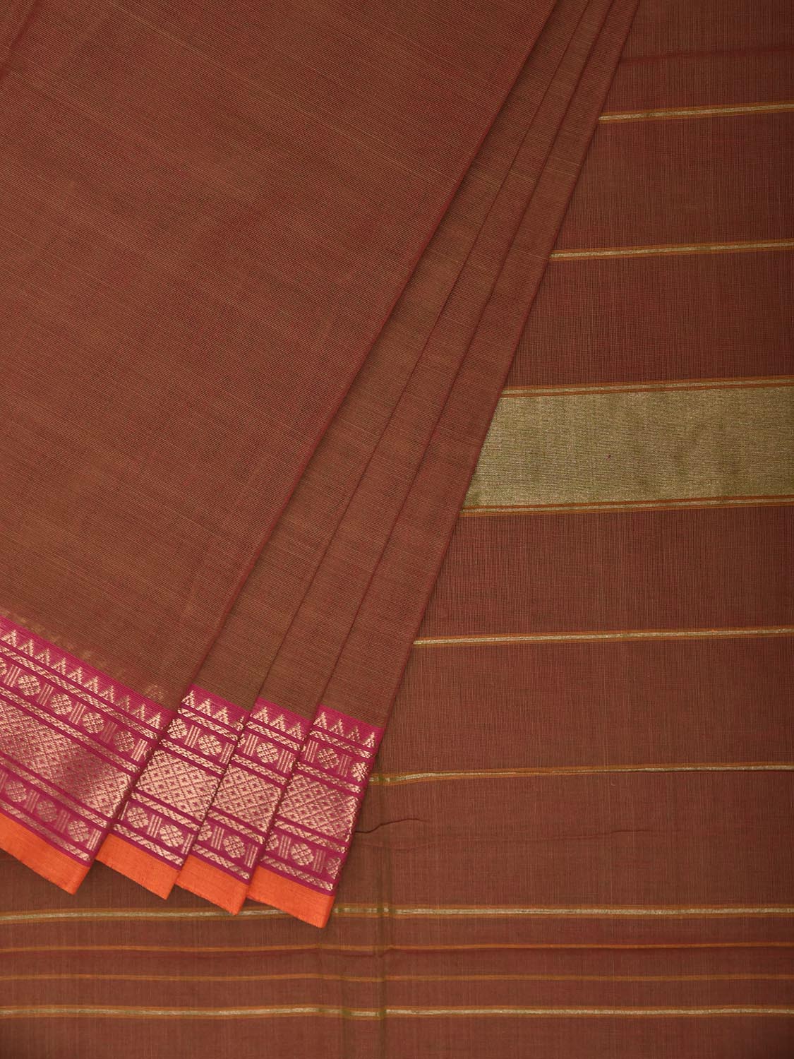Rust Kanchipuram Cotton Plain Saree with Strips Pallu Design and Kalamkari Blouse k0994