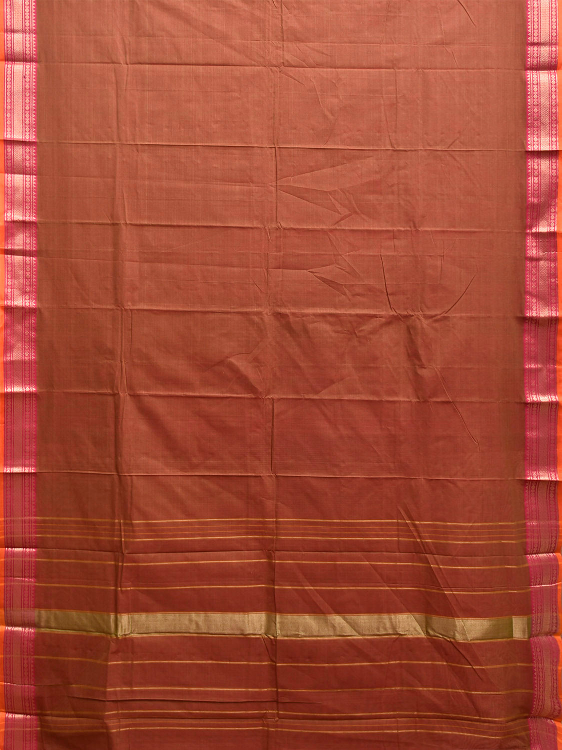 Rust Kanchipuram Cotton Plain Saree with Strips Pallu Design and Kalamkari Blouse k0994