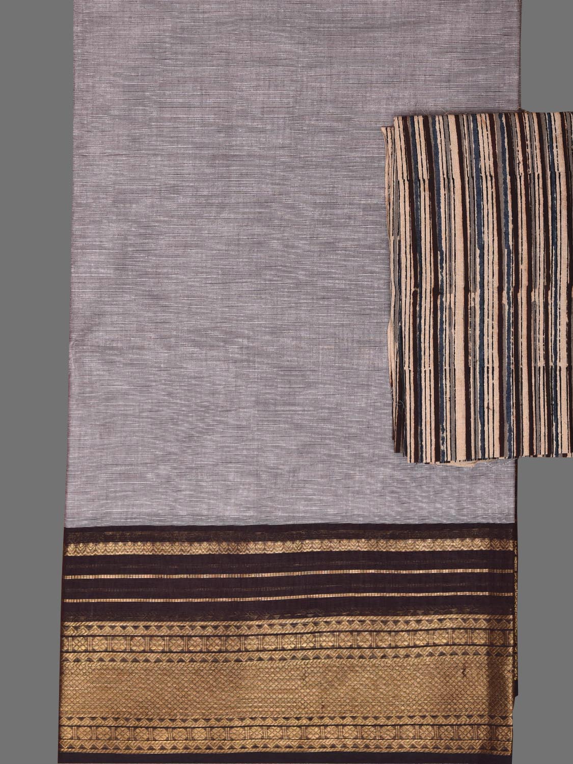 Light Grey and Brown Kanchipuram Cotton Plain Saree with Strips Pallu Design and Kalamkari Blouse k0996