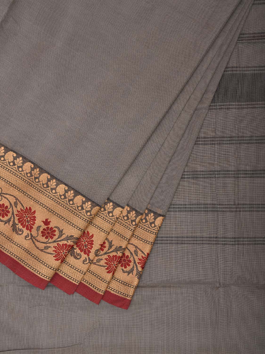 Light Grey Kanchipuram Cotton Plain Saree with Floral Border Design and Kalamkari Blouse k0997