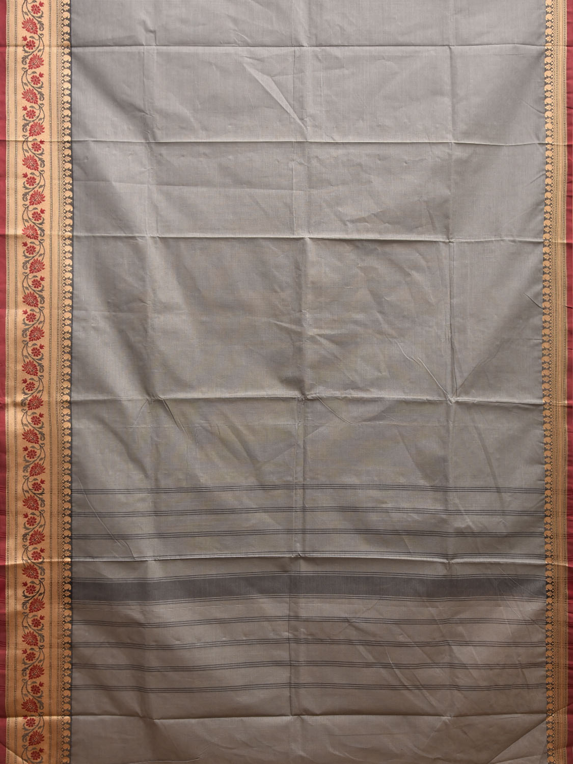 Light Grey Kanchipuram Cotton Plain Saree with Floral Border Design and Kalamkari Blouse k0997