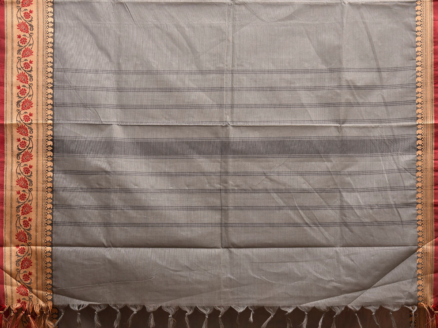 Light Grey Kanchipuram Cotton Plain Saree with Floral Border Design and Kalamkari Blouse k0997