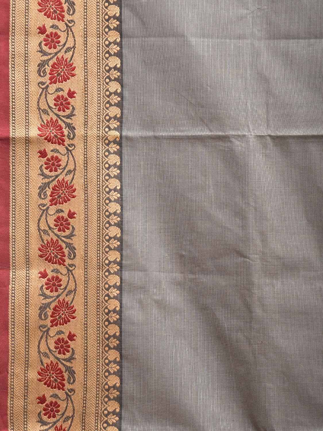 Light Grey Kanchipuram Cotton Plain Saree with Floral Border Design and Kalamkari Blouse k0997