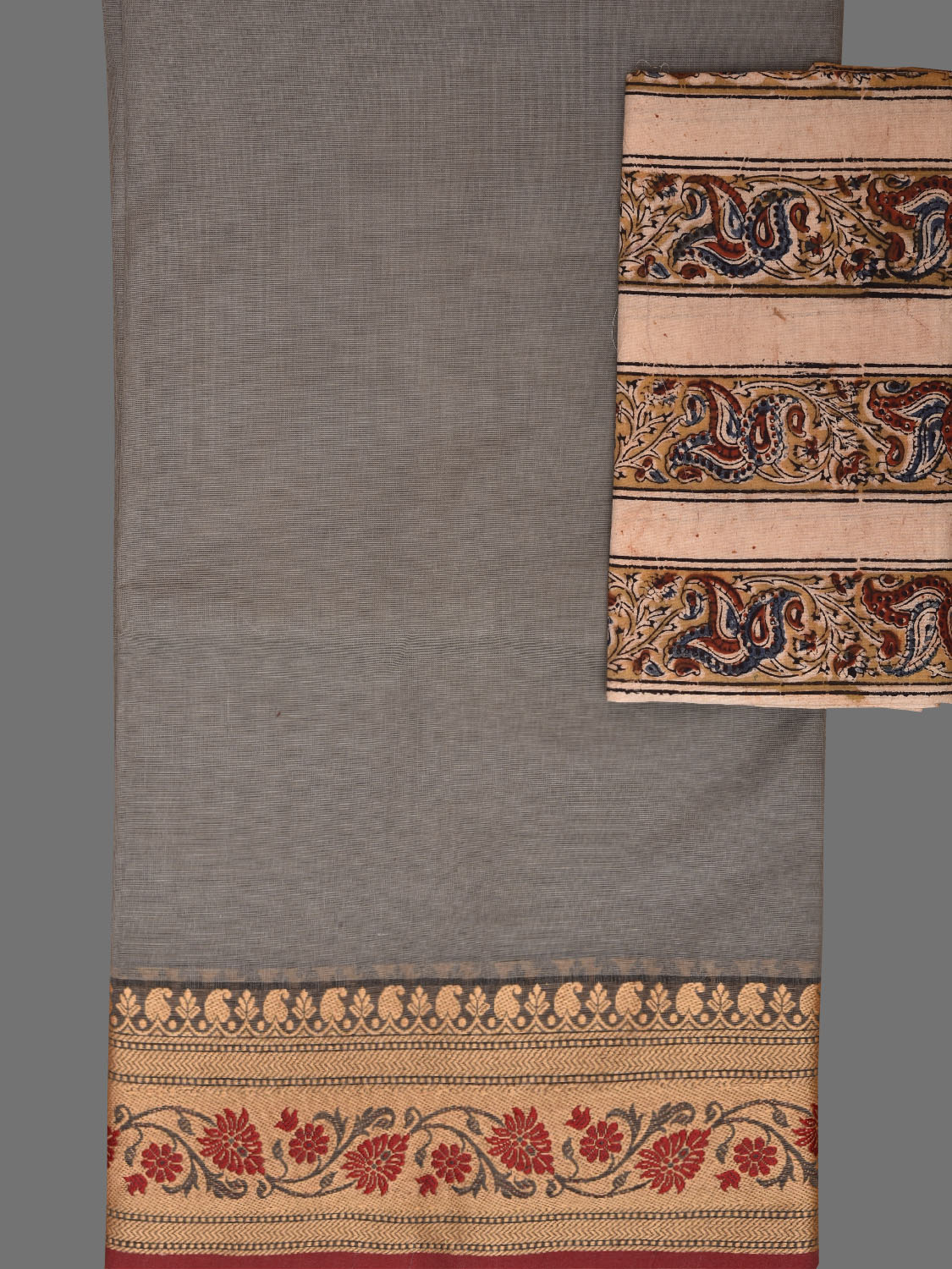 Light Grey Kanchipuram Cotton Plain Saree with Floral Border Design and Kalamkari Blouse k0997