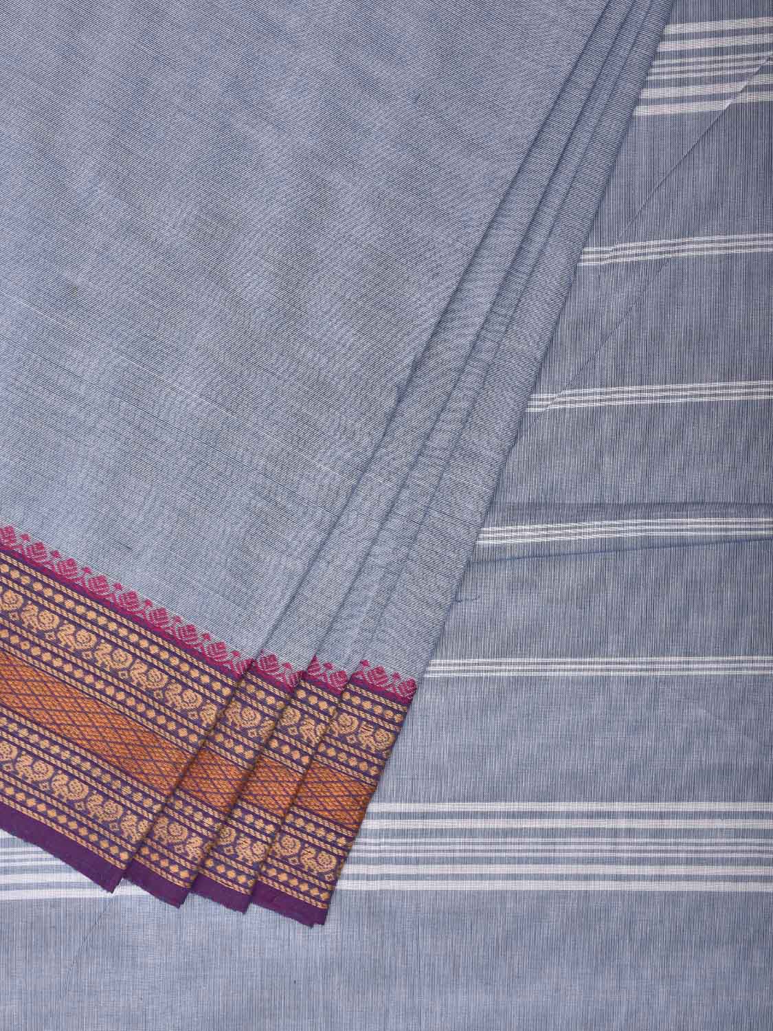 Light Blue Kanchipuram Cotton Plain Saree with Strips Pallu Design and Kalamkari Blouse k0998