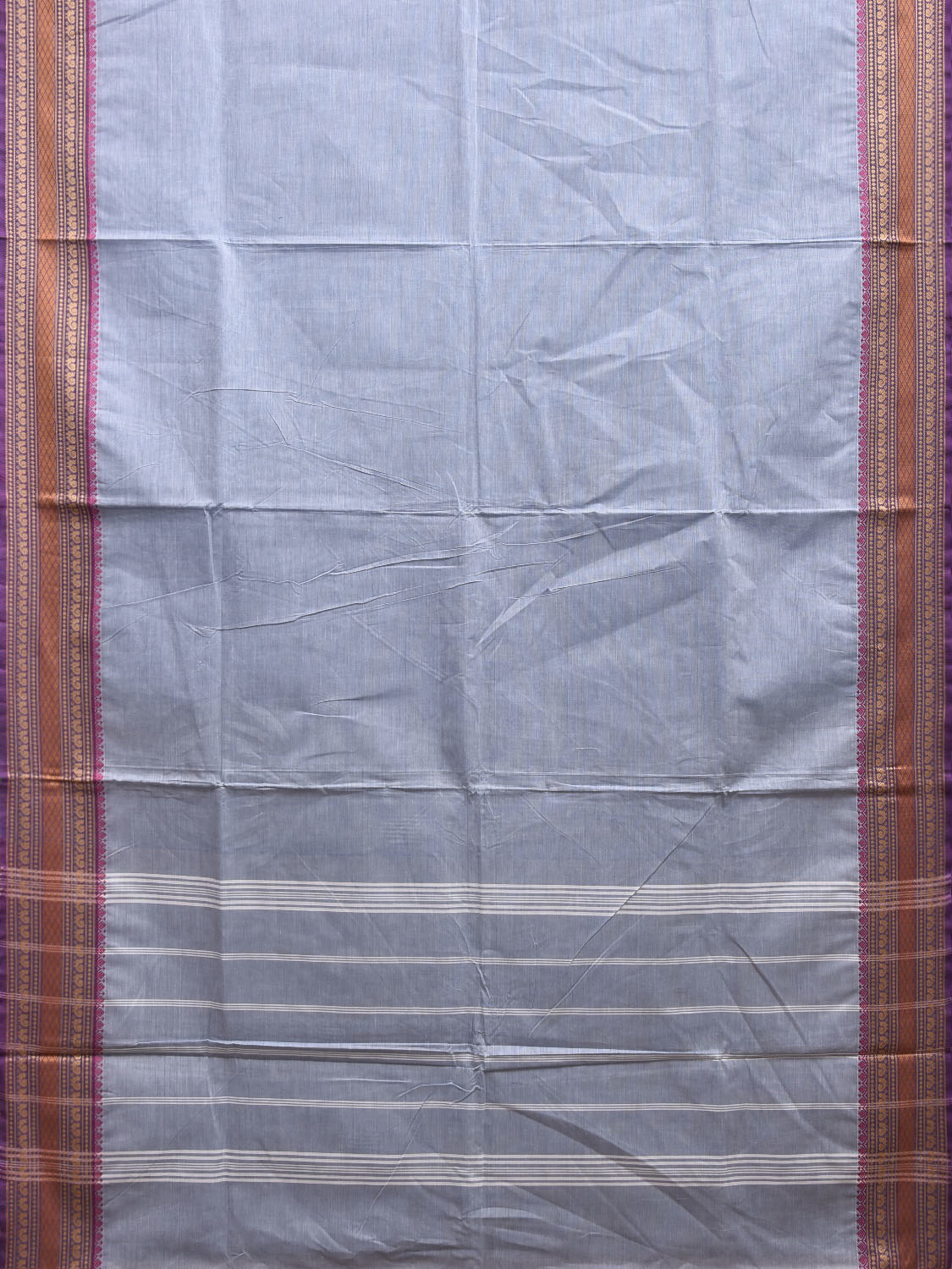 Light Blue Kanchipuram Cotton Plain Saree with Strips Pallu Design and Kalamkari Blouse k0998