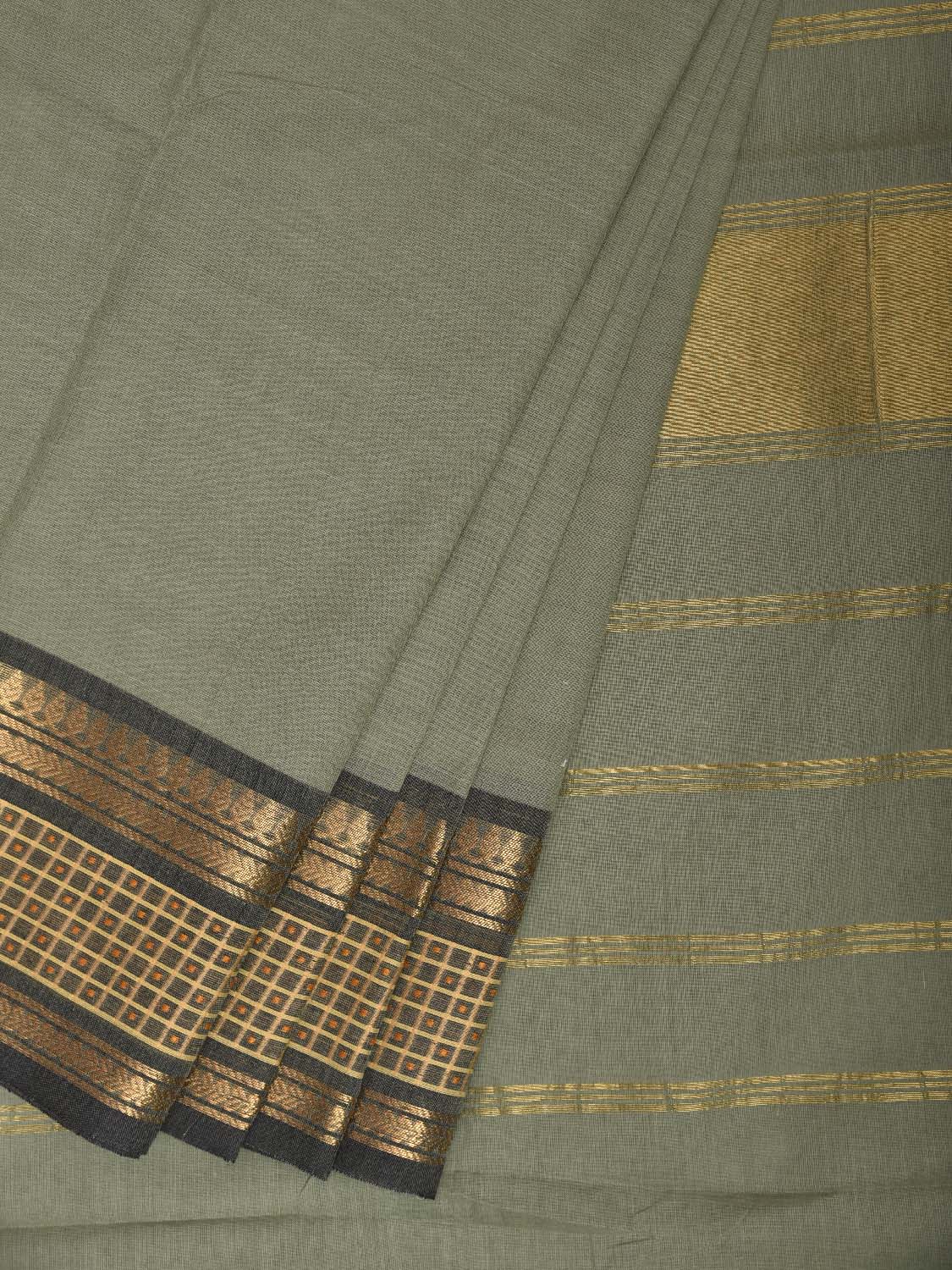 Sea Green Kanchipuram Cotton Plain Saree with Border Design and Kalamkari Blouse k0999