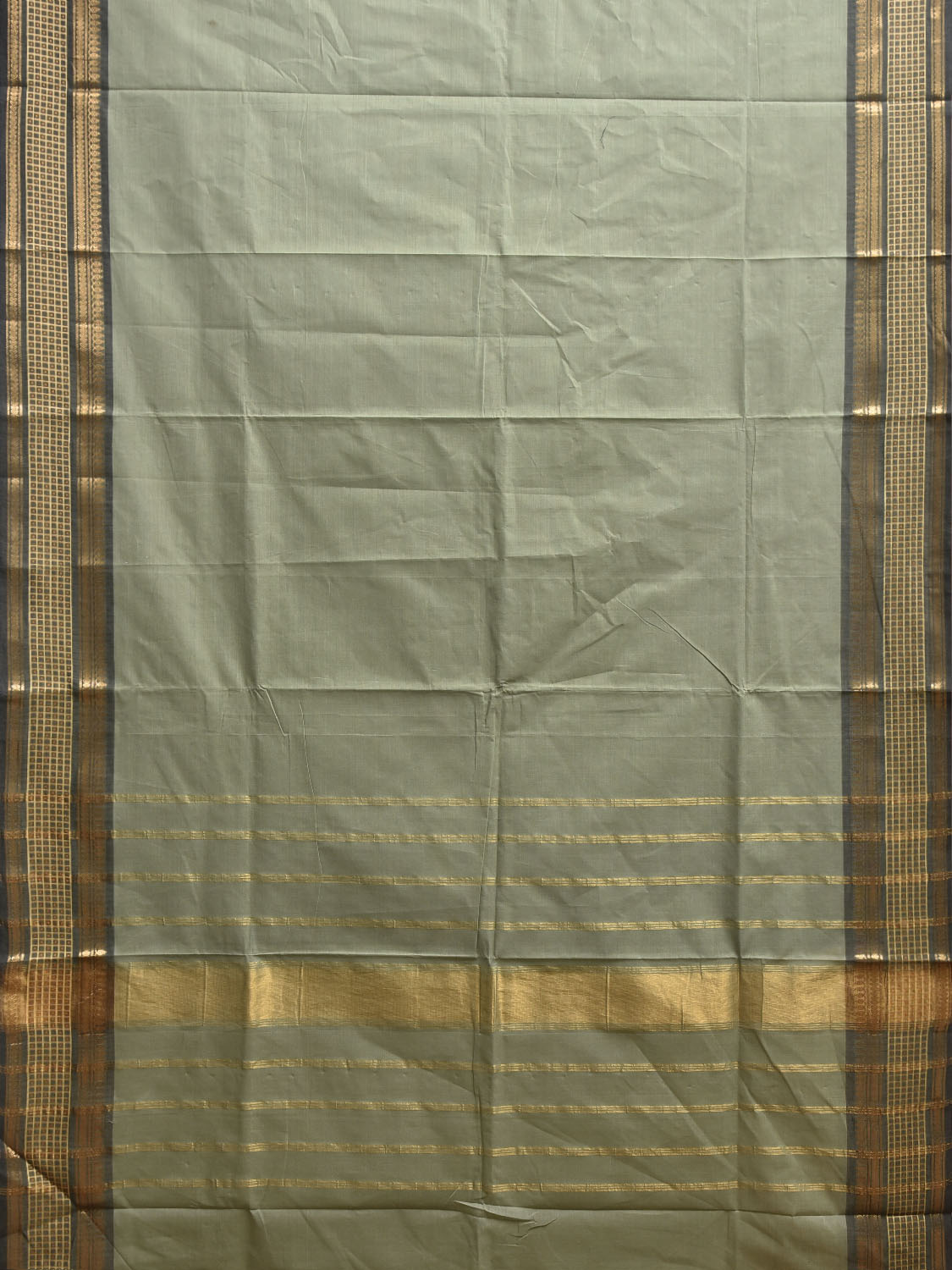 Sea Green Kanchipuram Cotton Plain Saree with Border Design and Kalamkari Blouse k0999