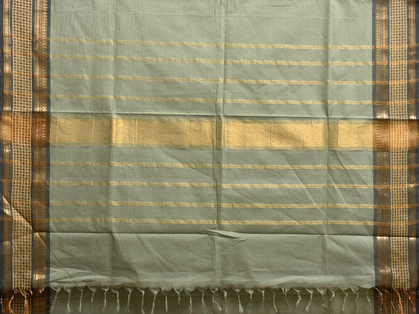 Sea Green Kanchipuram Cotton Plain Saree with Border Design and Kalamkari Blouse k0999