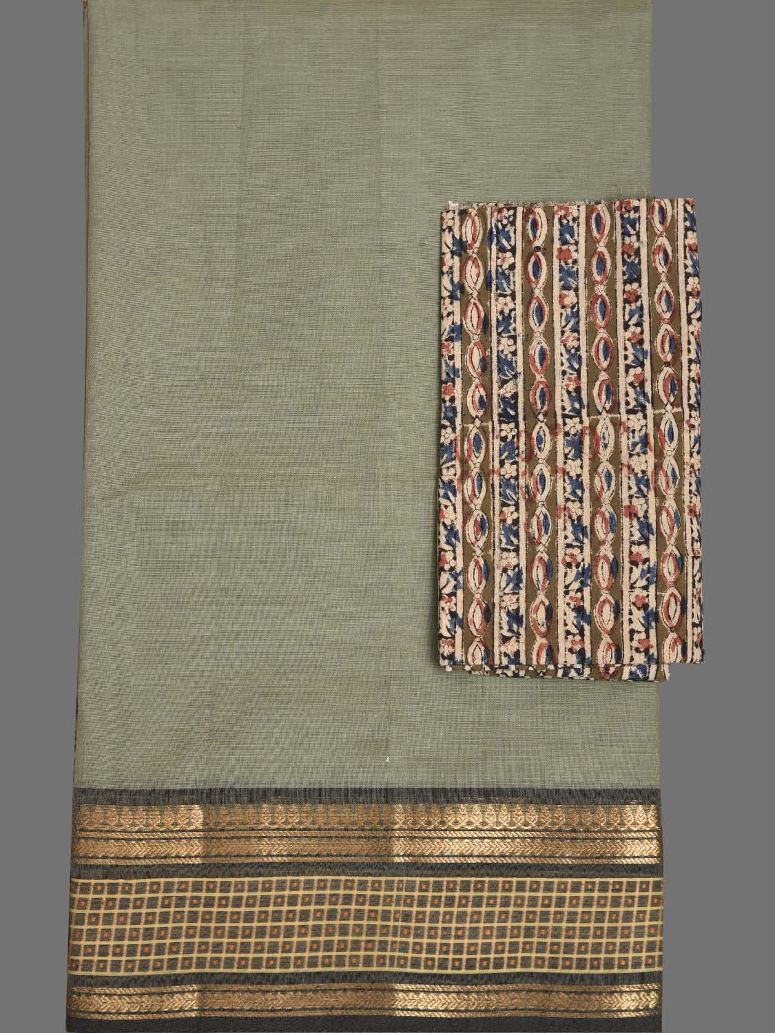 Sea Green Kanchipuram Cotton Plain Saree with Border Design and Kalamkari Blouse k0999