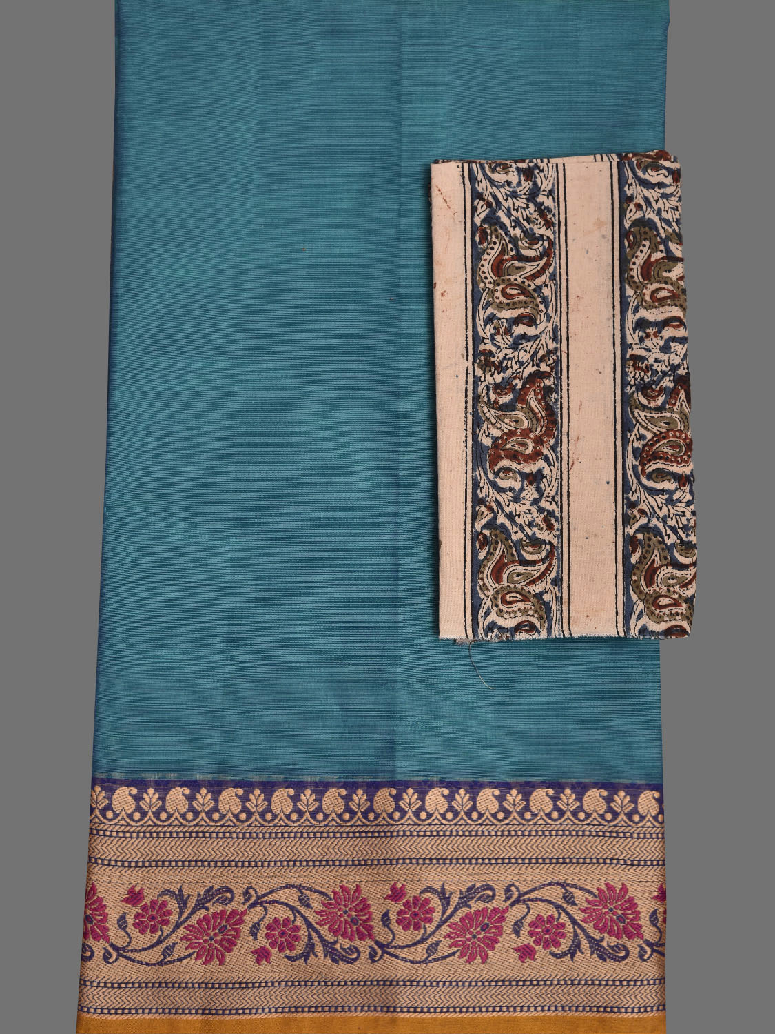 Blue Kanchipuram Cotton Plain Saree with Floral Border Design and Kalamkari Blouse k1000