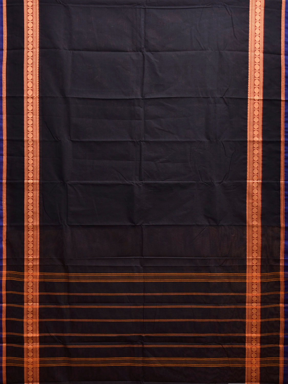 Black Kanchipuram Cotton Plain Saree with Strips Pallu Design and Kalamkari Blouse k1002