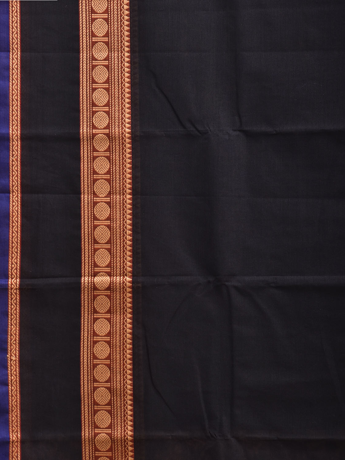 Black Kanchipuram Cotton Plain Saree with Strips Pallu Design and Kalamkari Blouse k1002