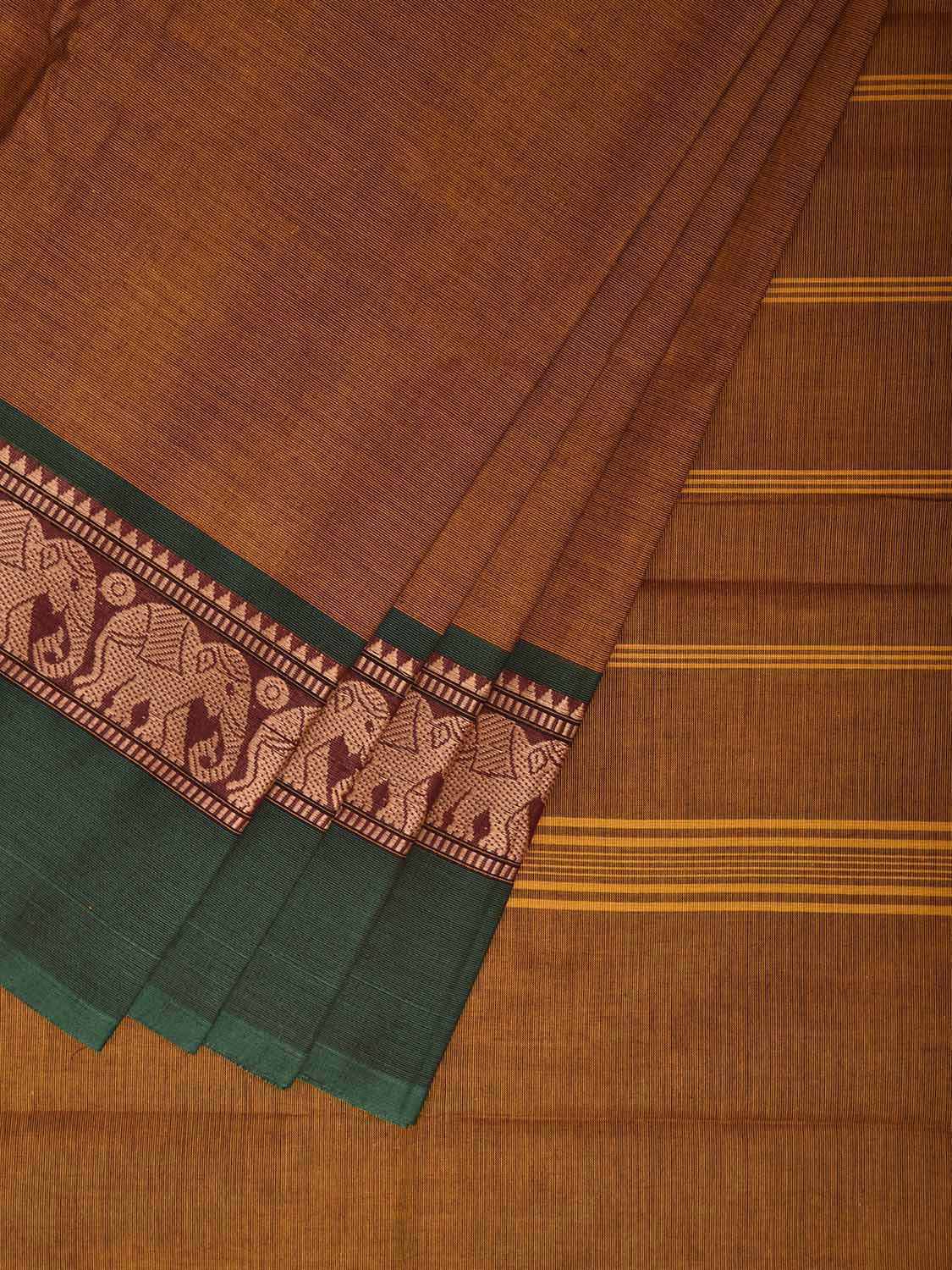 Mustard and Green Kanchipuram Cotton Plain Saree with Elephant Border Design No Blouse k1003