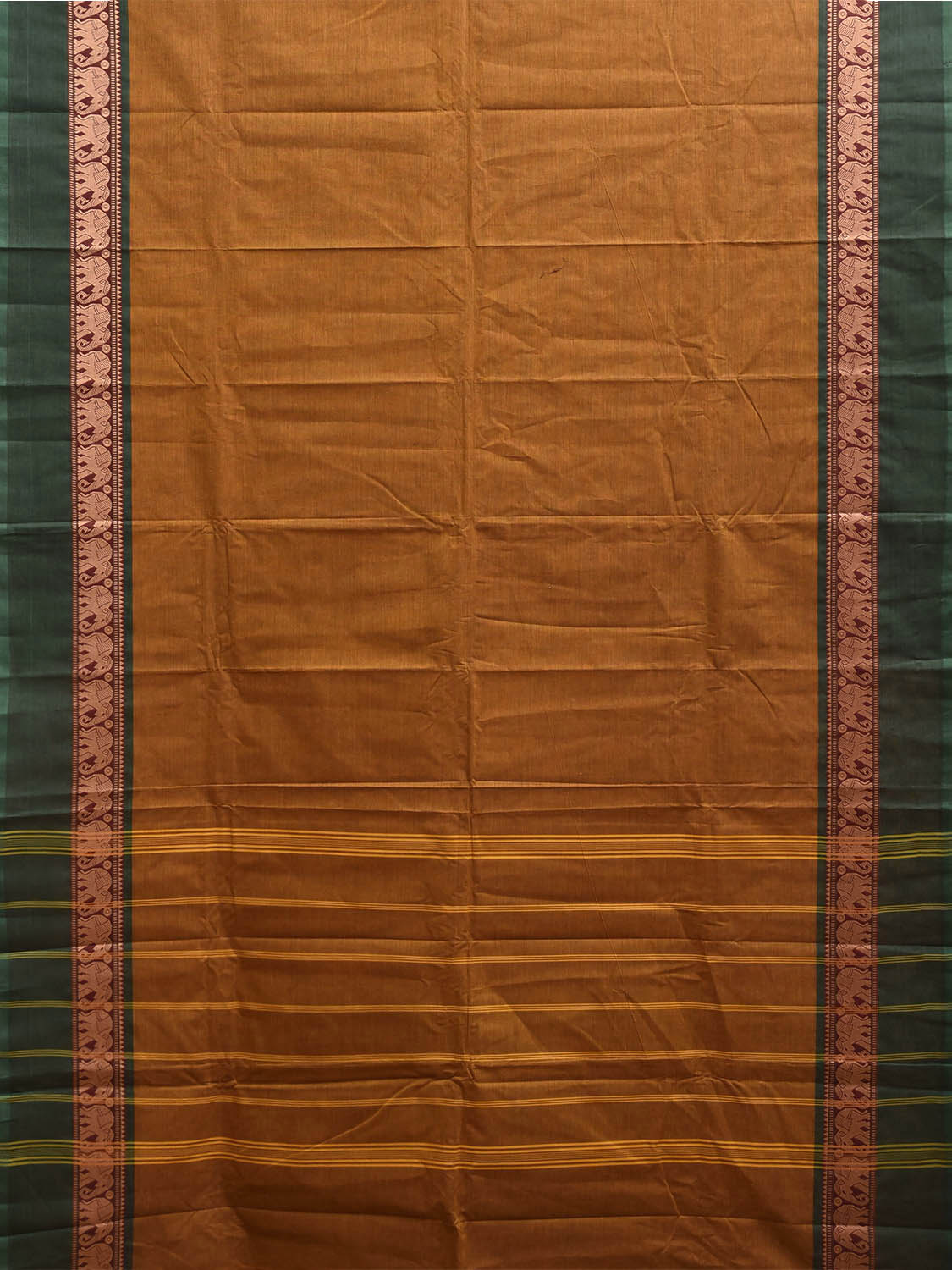 Mustard and Green Kanchipuram Cotton Plain Saree with Elephant Border Design No Blouse k1003