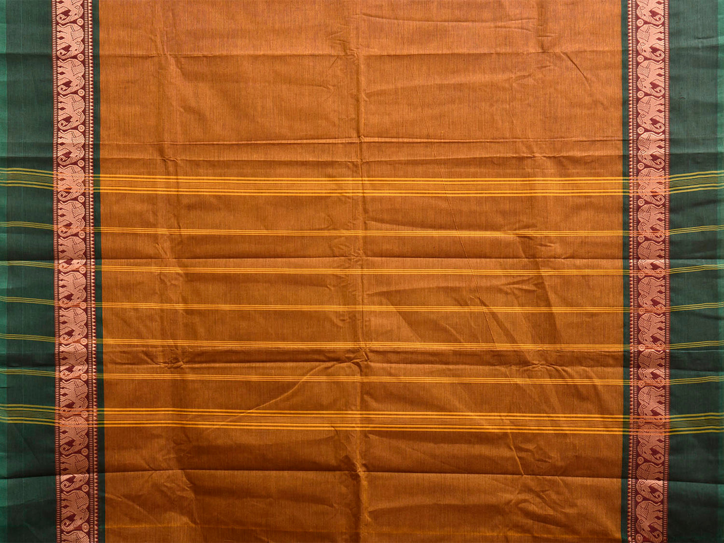Mustard and Green Kanchipuram Cotton Plain Saree with Elephant Border Design No Blouse k1003