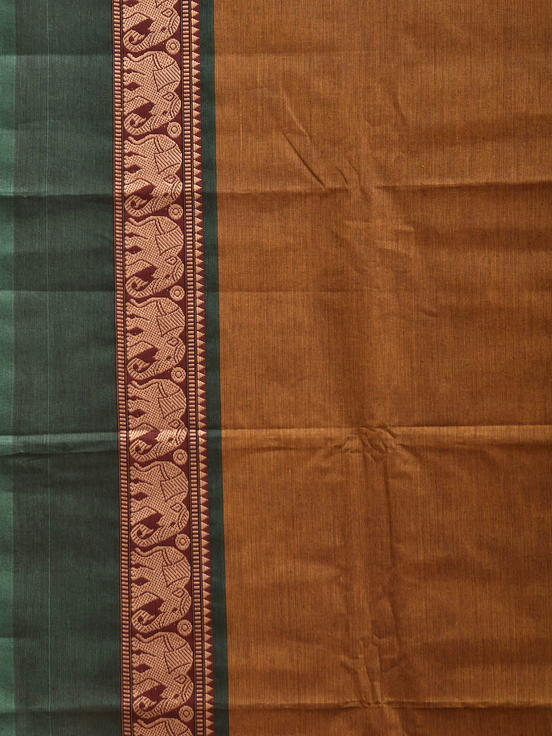 Mustard and Green Kanchipuram Cotton Plain Saree with Elephant Border Design No Blouse k1003