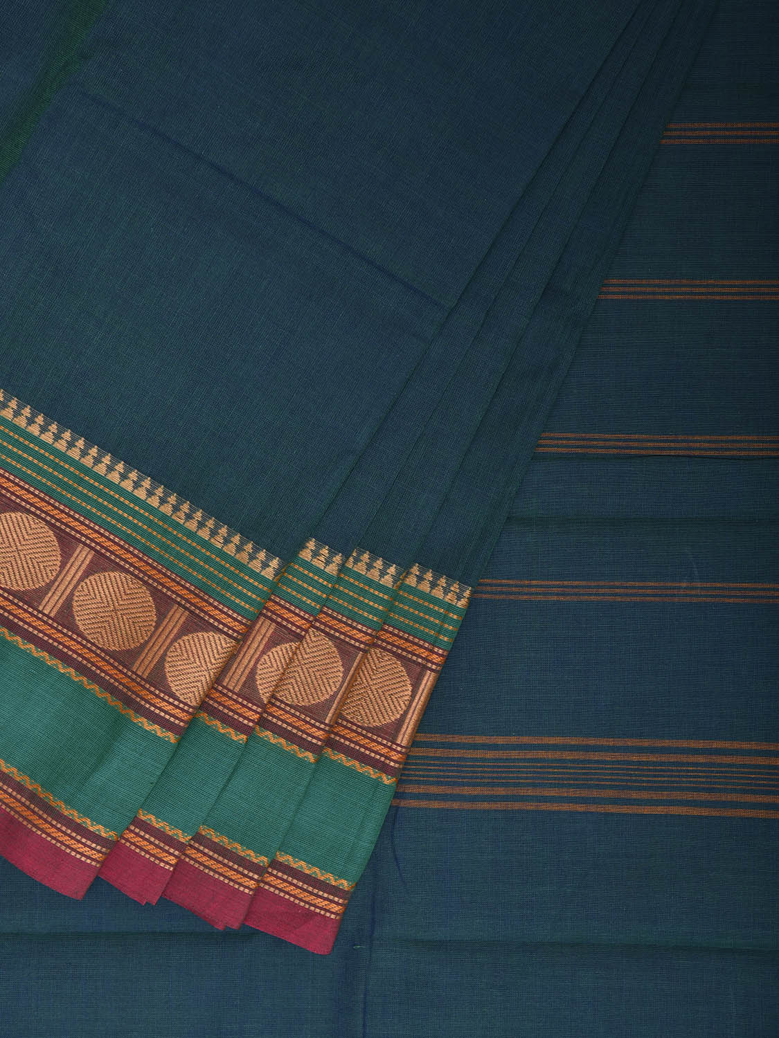 Teal Kanchipuram Cotton Plain Saree with Strips Pallu Design No Blouse k1005