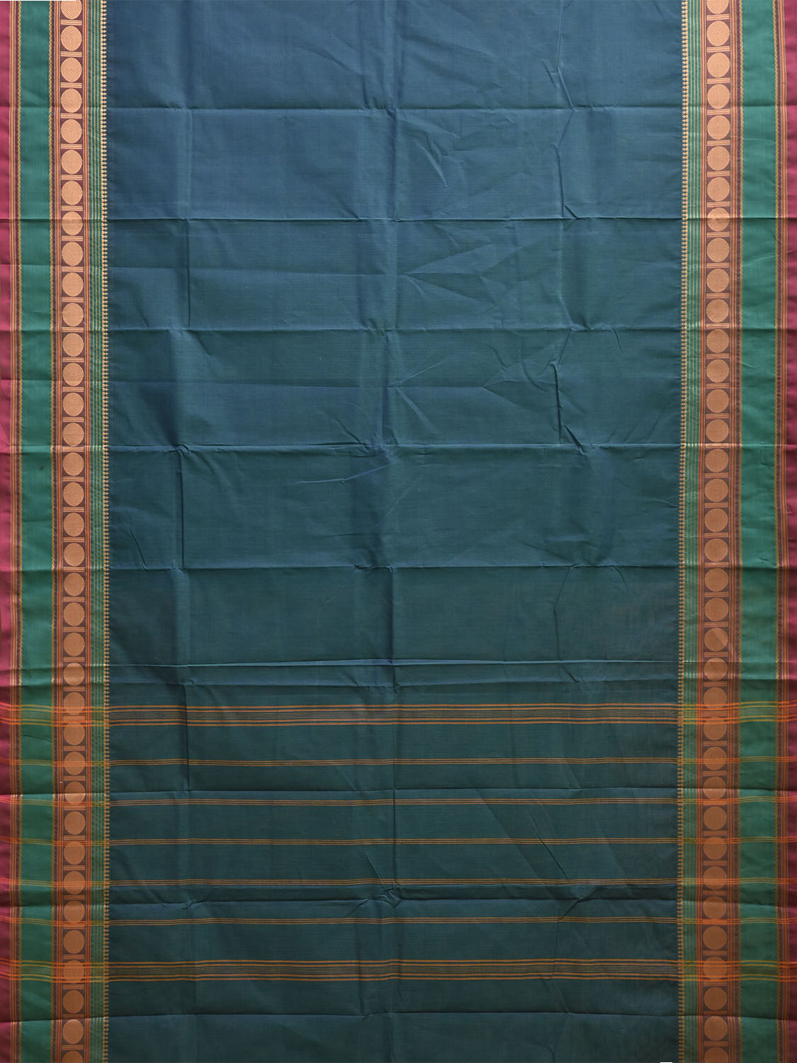 Teal Kanchipuram Cotton Plain Saree with Strips Pallu Design No Blouse k1005