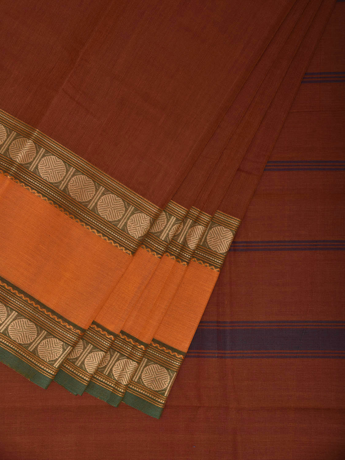 Rust and Orange Kanchipuram Cotton Plain Saree with Strips Pallu Design and Kalamkari Blouse k1007