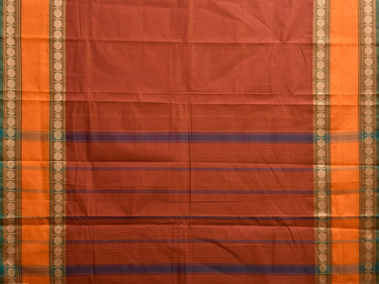 Rust and Orange Kanchipuram Cotton Plain Saree with Strips Pallu Design and Kalamkari Blouse k1007