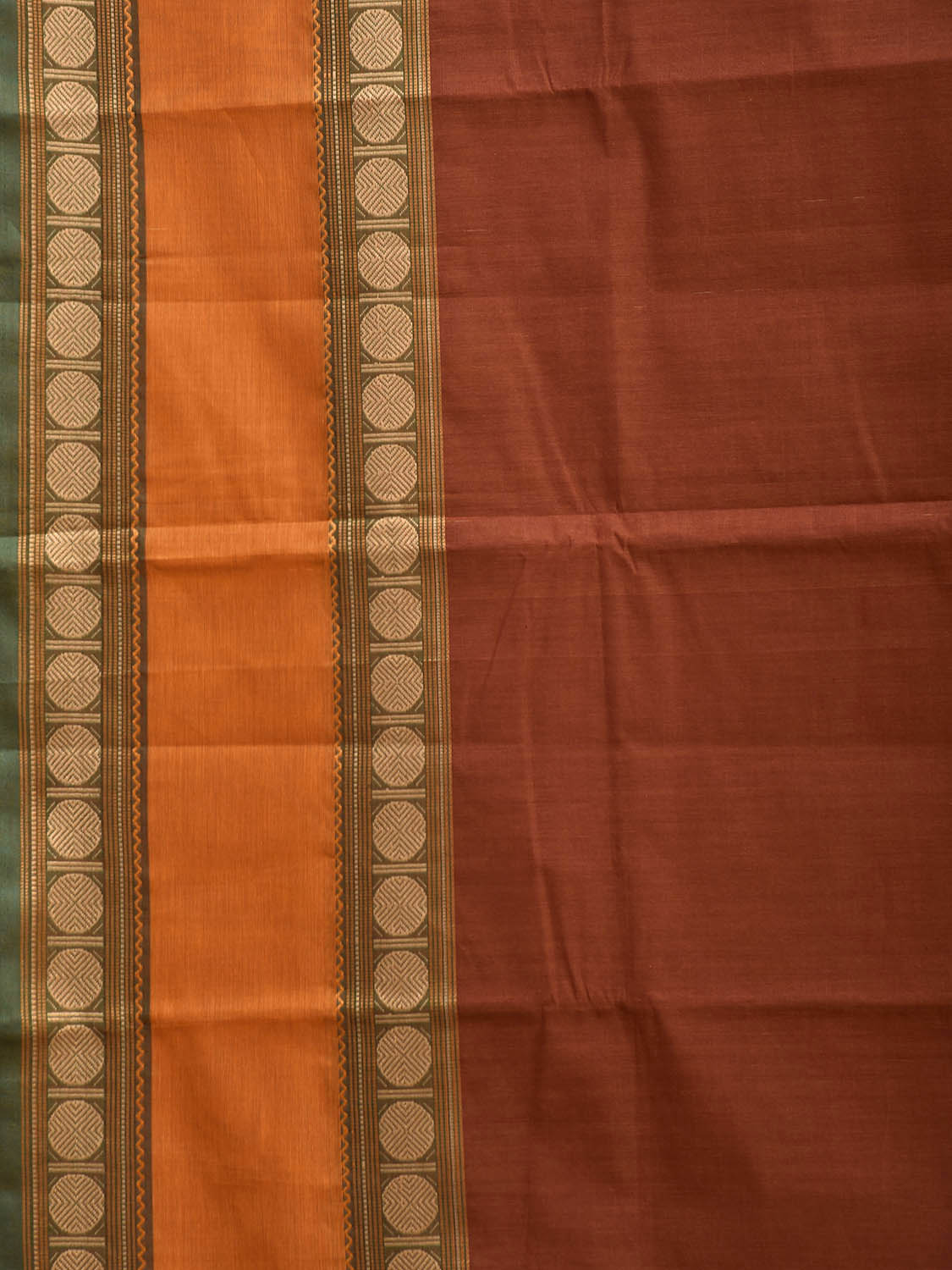 Rust and Orange Kanchipuram Cotton Plain Saree with Strips Pallu Design and Kalamkari Blouse k1007