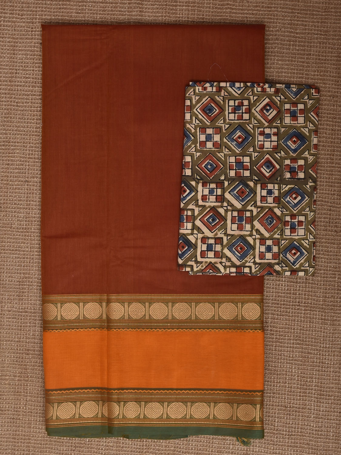 Rust and Orange Kanchipuram Cotton Plain Saree with Strips Pallu Design and Kalamkari Blouse k1007