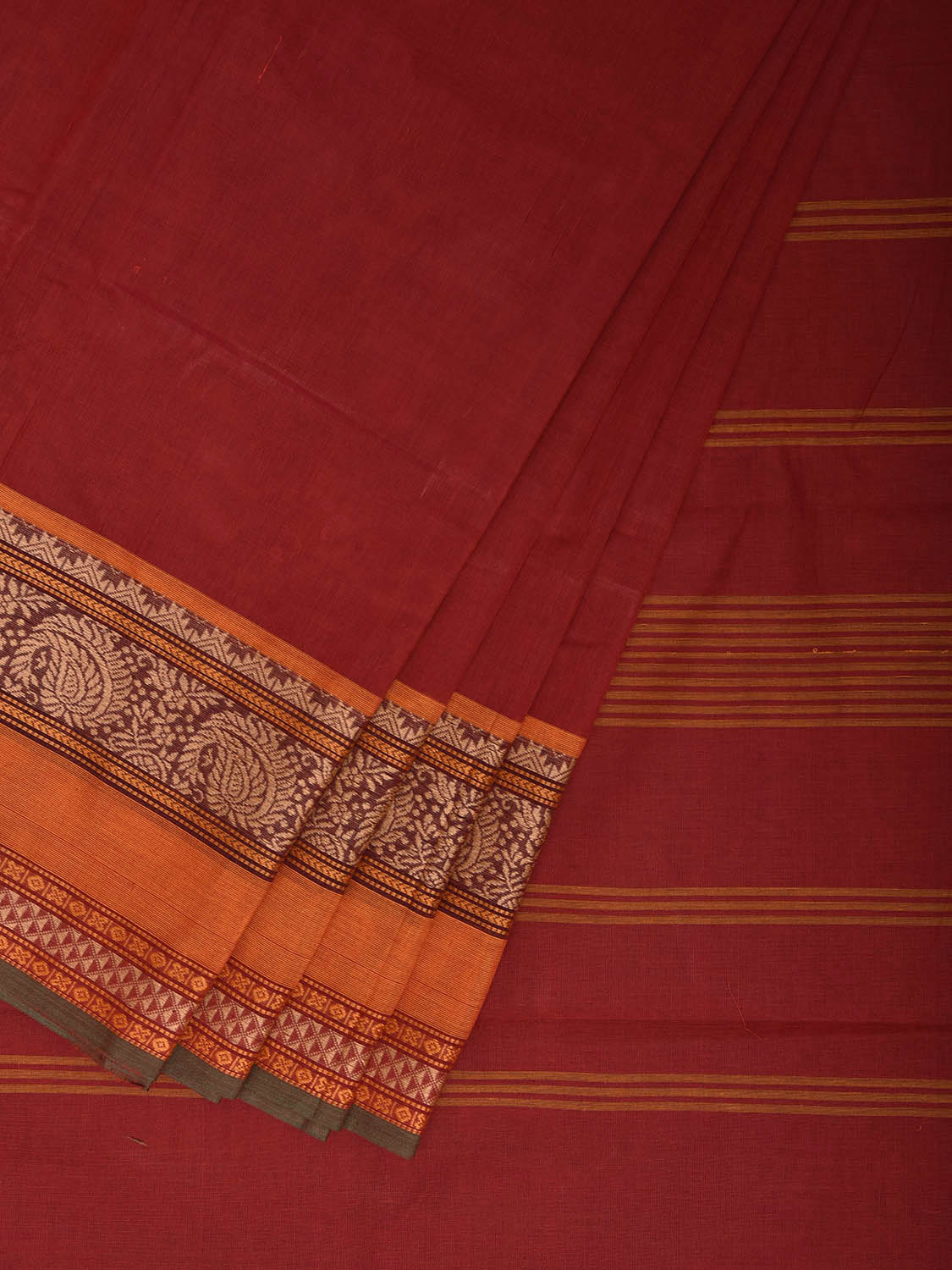 Red Kanchipuram Cotton Plain Saree with Strips Pallu and Border Design and Kalamkari Blouse k1009
