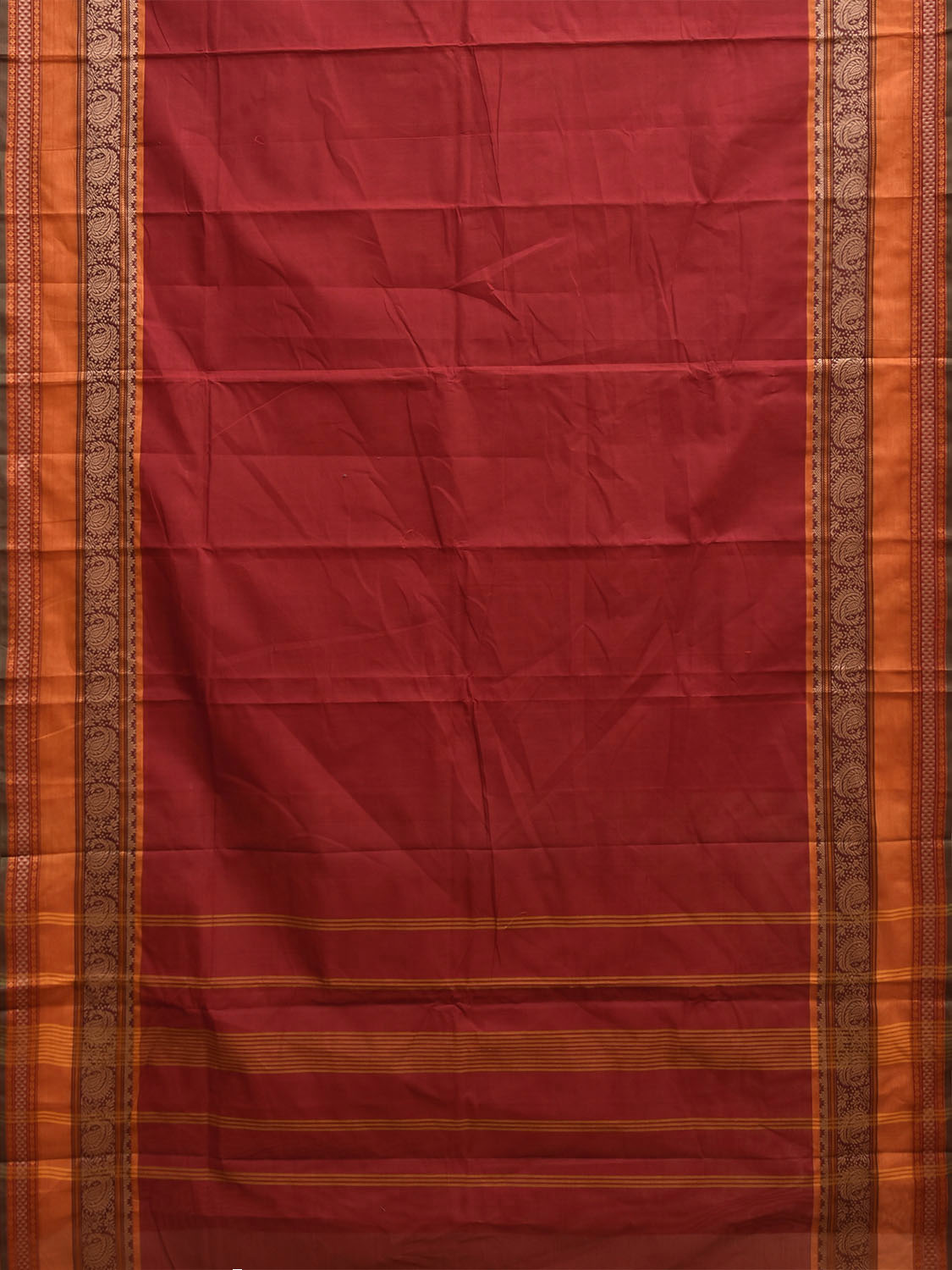 Red Kanchipuram Cotton Plain Saree with Strips Pallu and Border Design and Kalamkari Blouse k1009