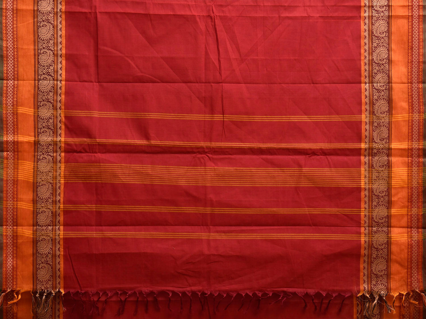 Red Kanchipuram Cotton Plain Saree with Strips Pallu and Border Design and Kalamkari Blouse k1009