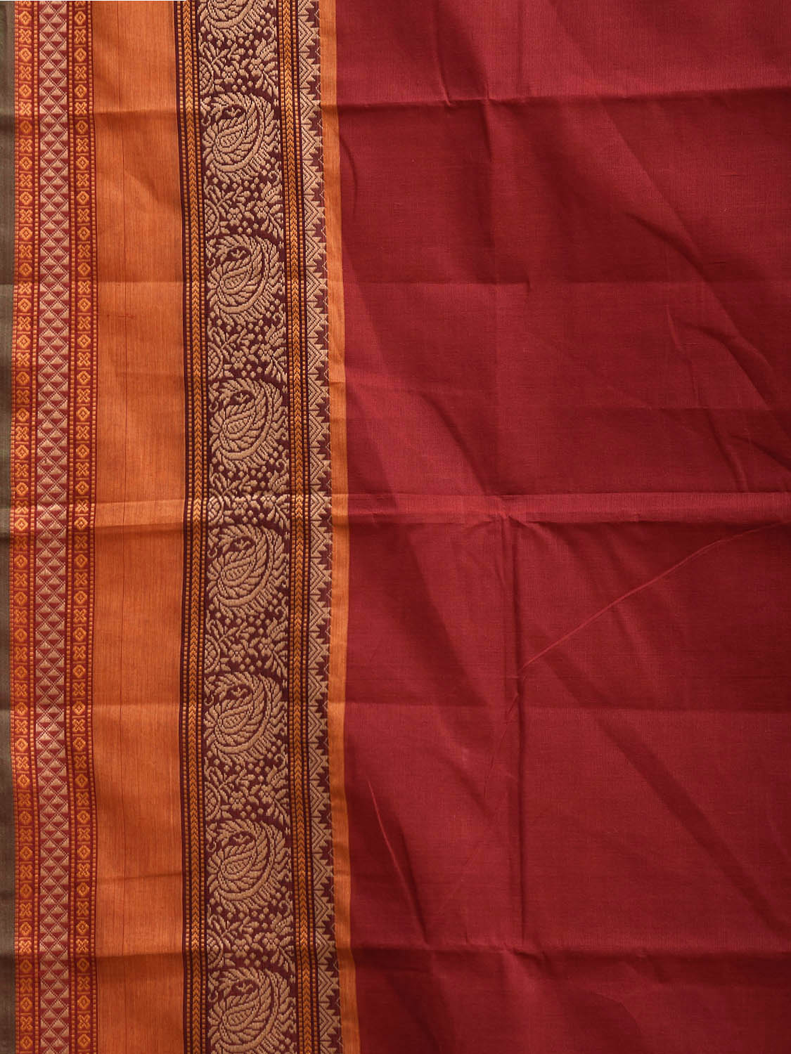 Red Kanchipuram Cotton Plain Saree with Strips Pallu and Border Design and Kalamkari Blouse k1009