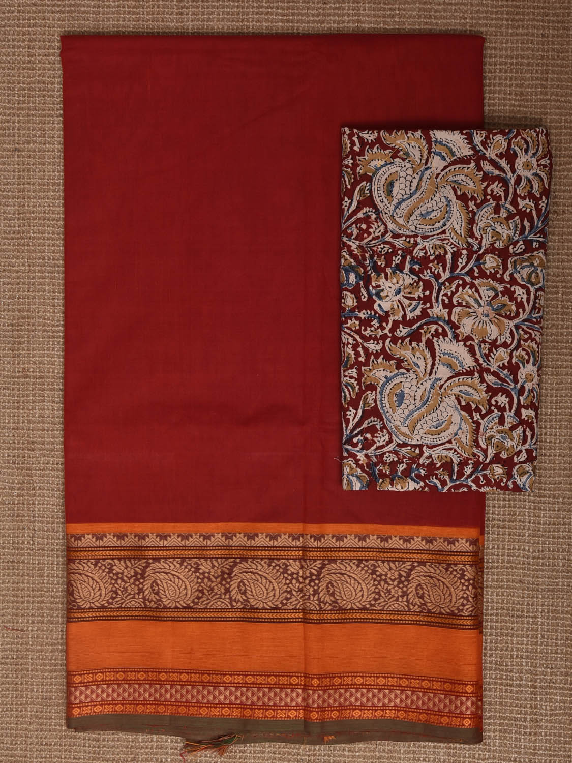 Red Kanchipuram Cotton Plain Saree with Strips Pallu and Border Design and Kalamkari Blouse k1009