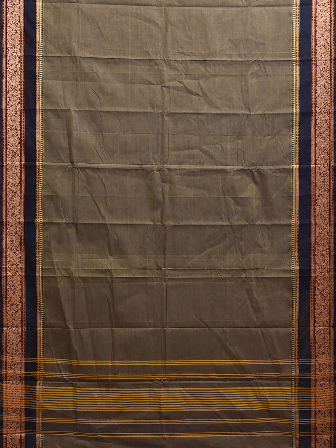 Dark Green Kanchipuram Cotton Plain Saree with Strips Pallu and Border Design k1011