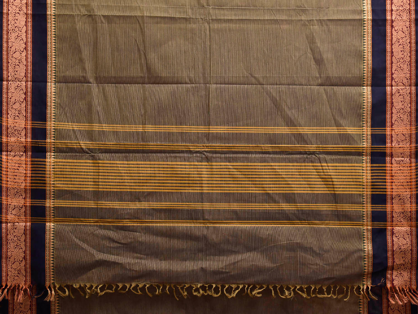 Dark Green Kanchipuram Cotton Plain Saree with Strips Pallu and Border Design k1011