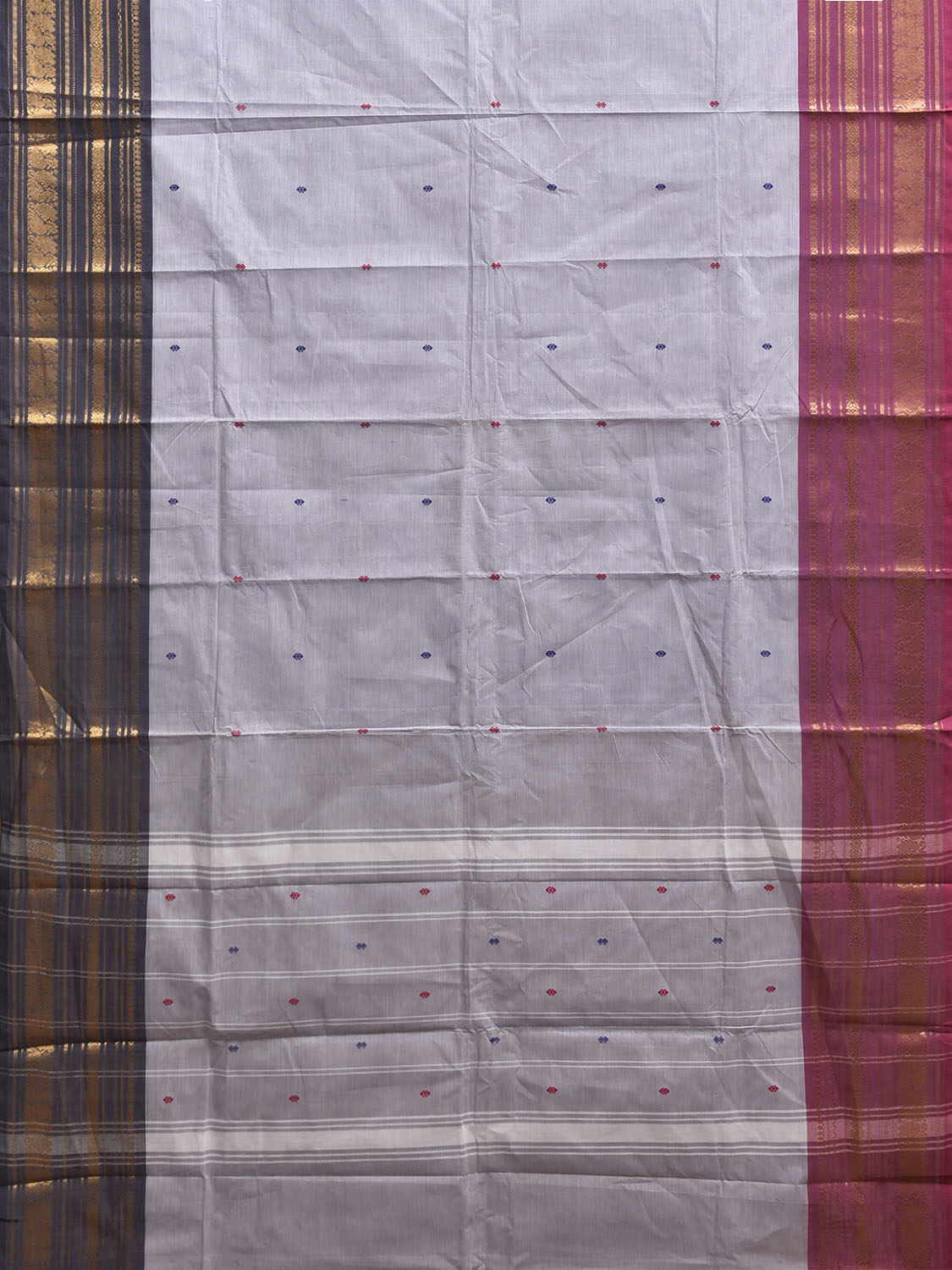 Light Grey Kanchipuram Cotton Saree with Strips Pallu and Ganga-Jamuna Border Design k1013