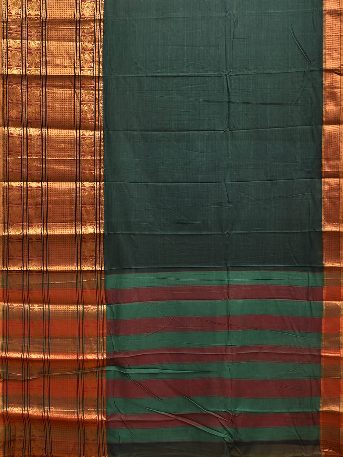 Dark Green Madurai Cotton Plain Saree with Kanchipuram Border Design No Blouse k1019