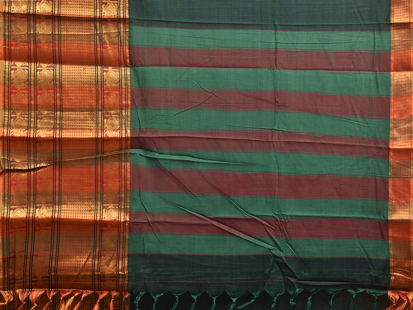 Dark Green Madurai Cotton Plain Saree with Kanchipuram Border Design No Blouse k1019