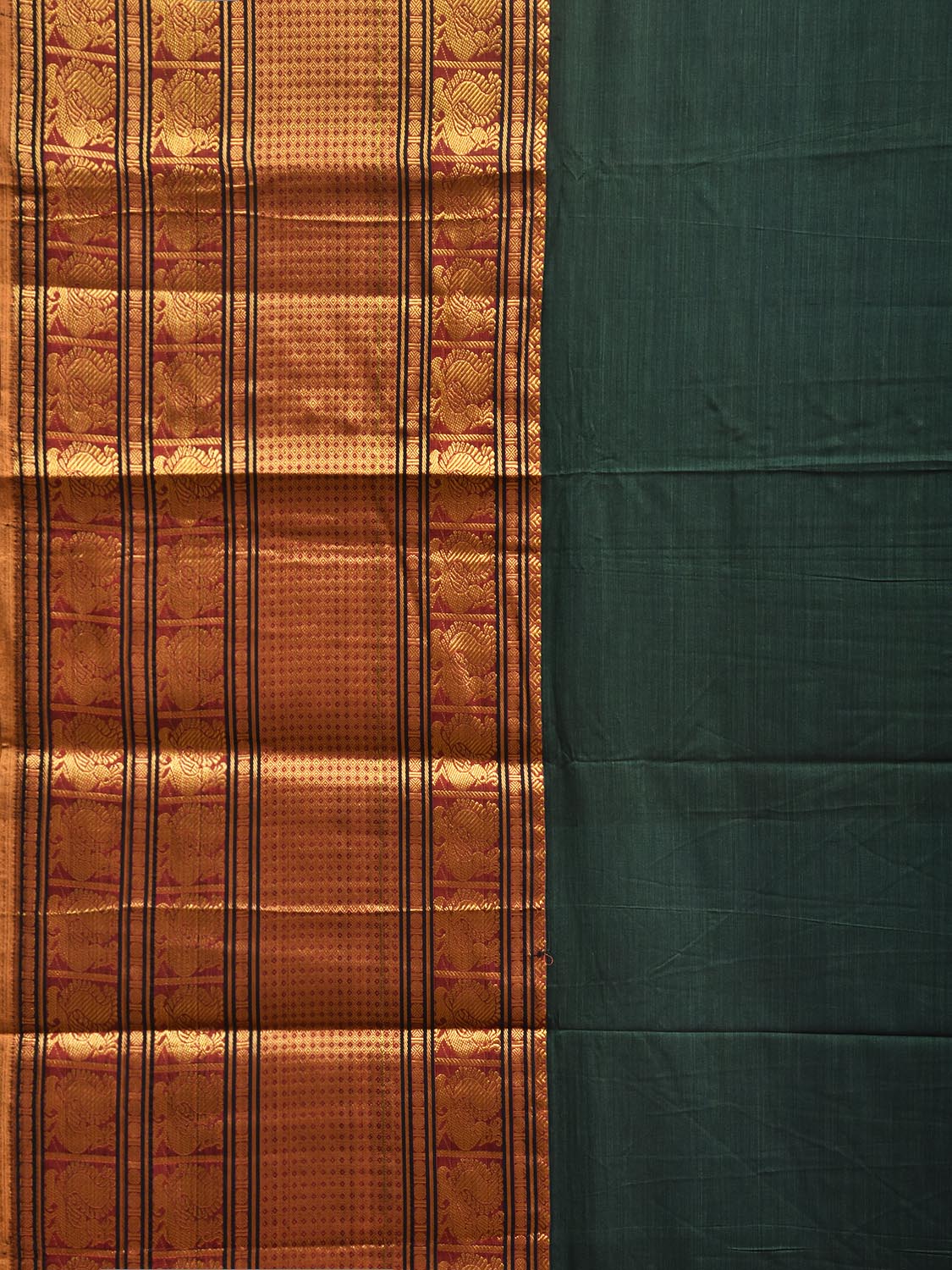 Dark Green Madurai Cotton Plain Saree with Kanchipuram Border Design No Blouse k1019