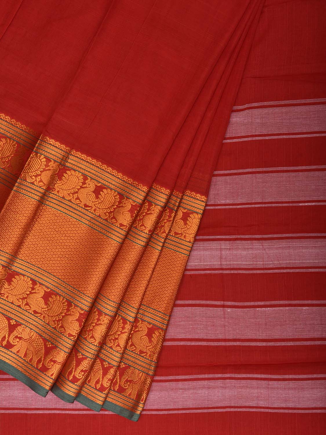 Red Madurai Cotton Plain Saree with Kanchipuram Border Design No Blouse k1020