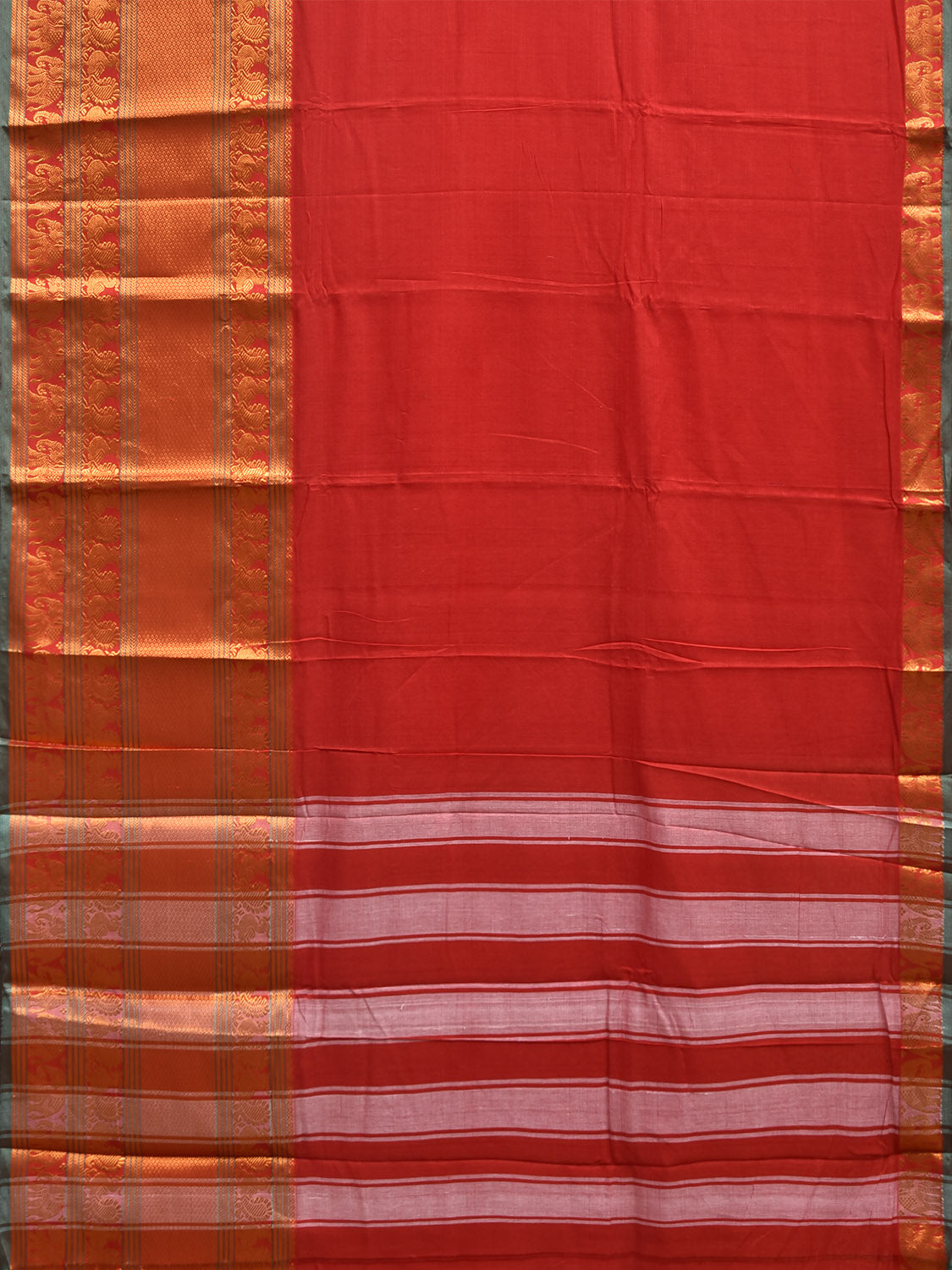 Red Madurai Cotton Plain Saree with Kanchipuram Border Design No Blouse k1020