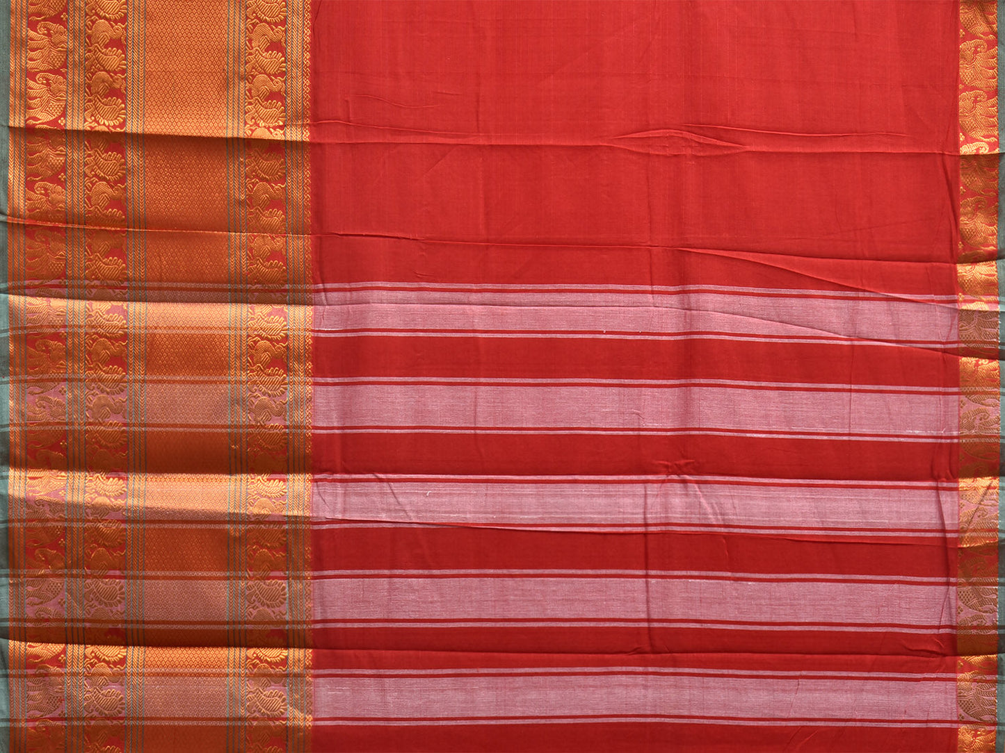 Red Madurai Cotton Plain Saree with Kanchipuram Border Design No Blouse k1020
