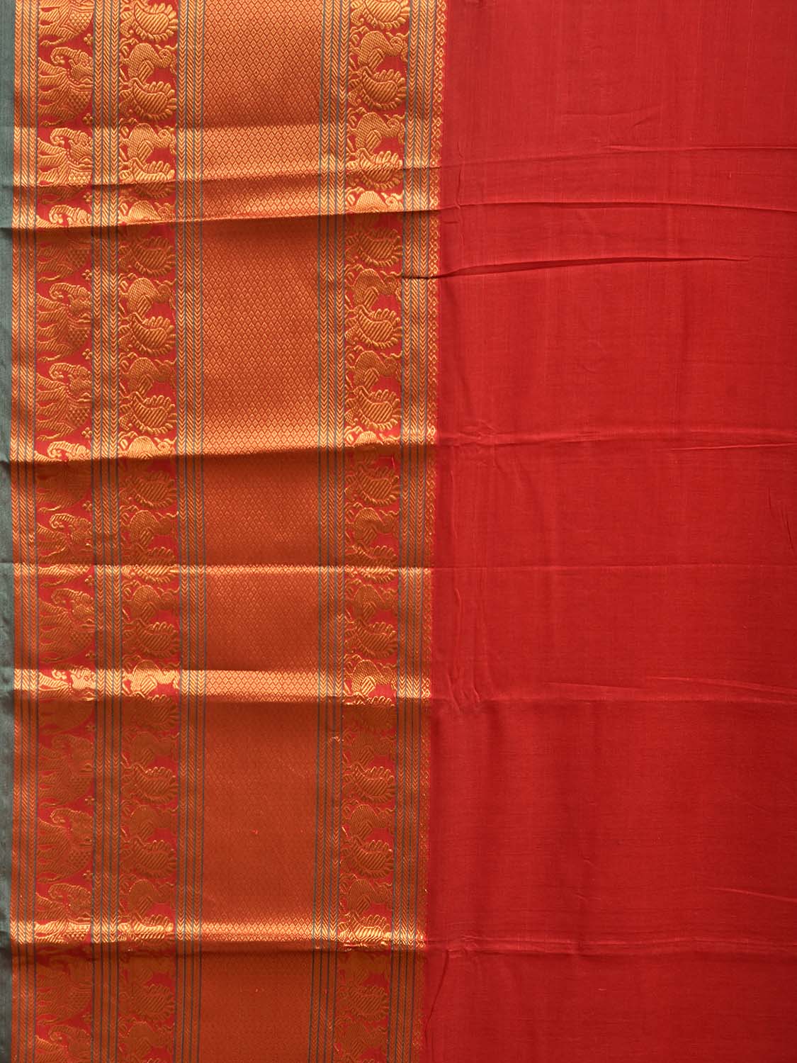 Red Madurai Cotton Plain Saree with Kanchipuram Border Design No Blouse k1020