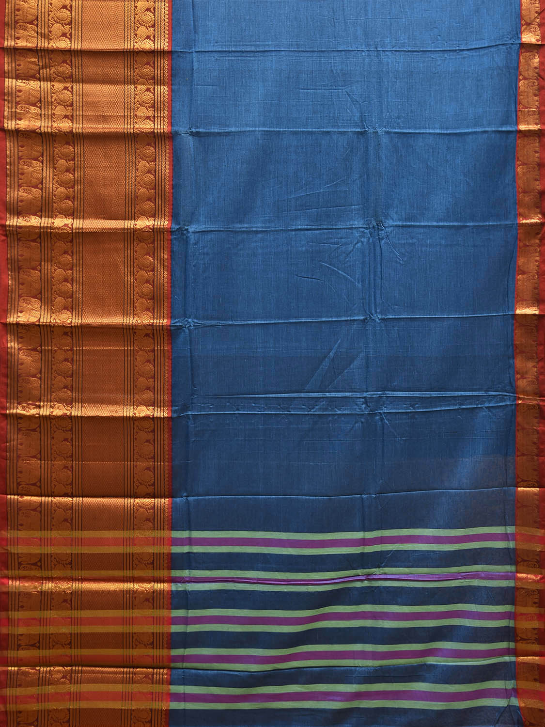Blue Madurai Cotton Plain Saree with Kanchipuram Border Design No Blouse k1022