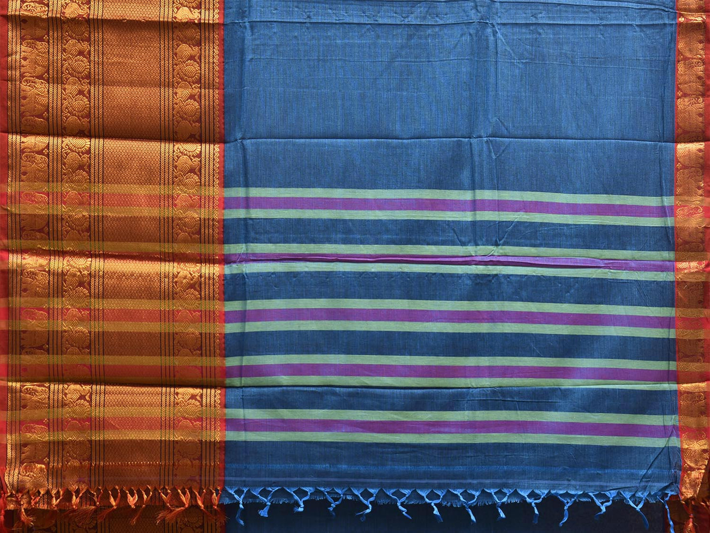 Blue Madurai Cotton Plain Saree with Kanchipuram Border Design No Blouse k1022