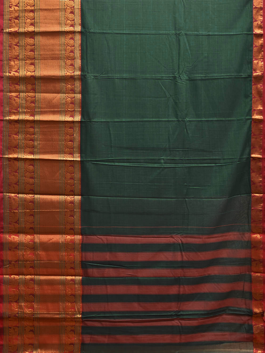 Dark Green Madurai Cotton Plain Saree with Kanchipuram Border Design No Blouse k1023