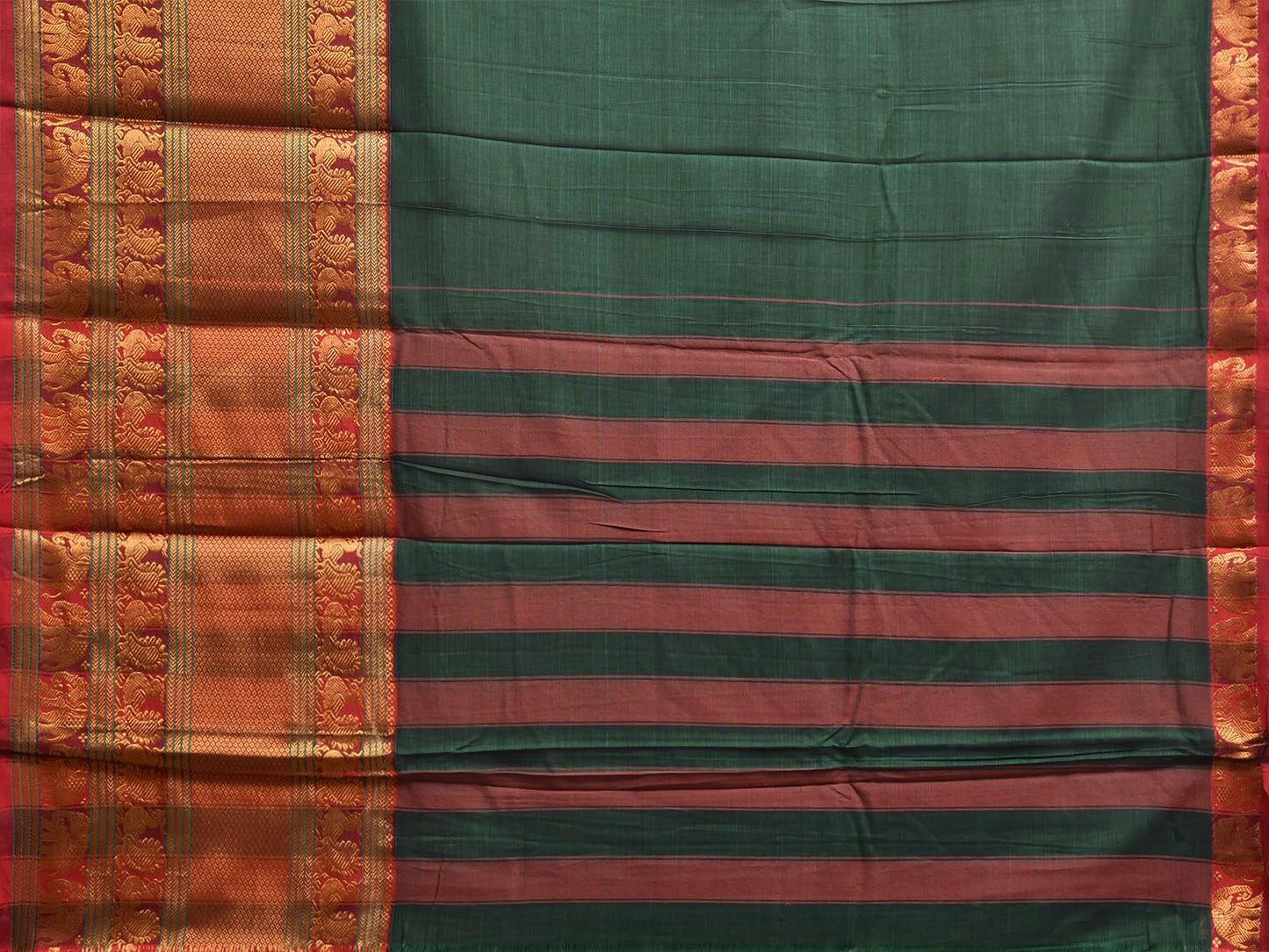 Dark Green Madurai Cotton Plain Saree with Kanchipuram Border Design No Blouse k1023