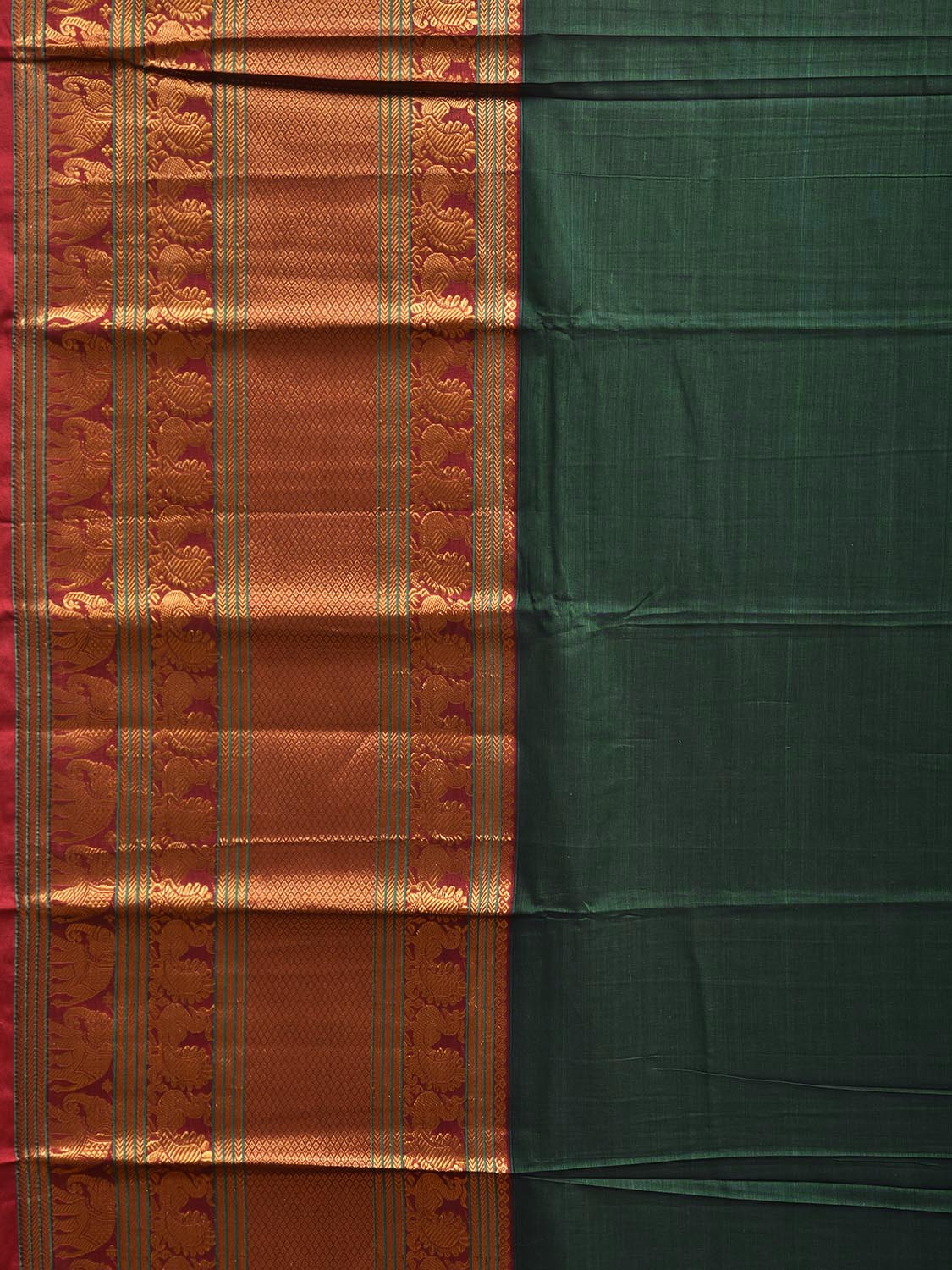 Dark Green Madurai Cotton Plain Saree with Kanchipuram Border Design No Blouse k1023