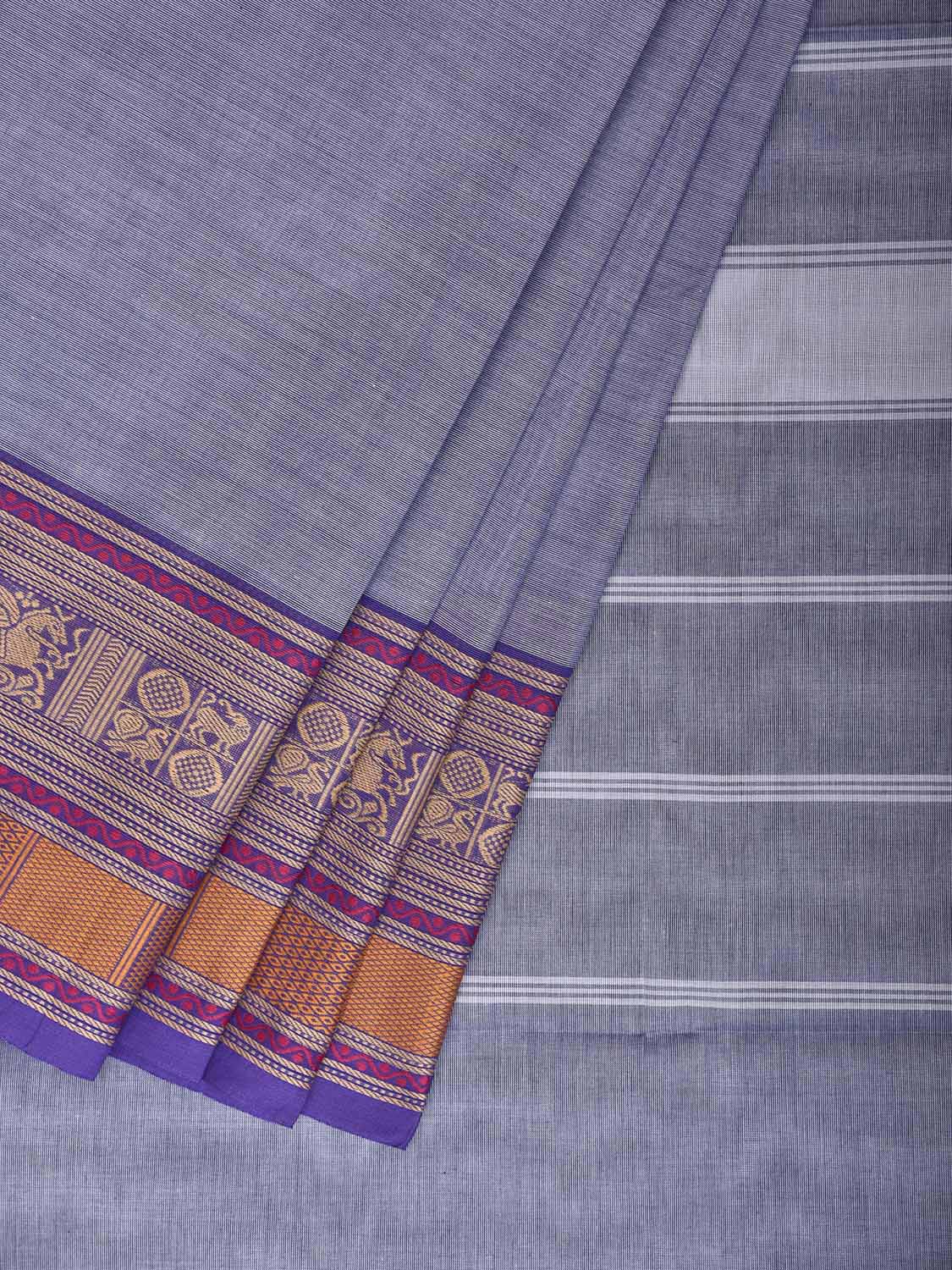Light Blue Kanchipuram Cotton Plain Saree with Strips Pallu and Border Design No Blouse k1026