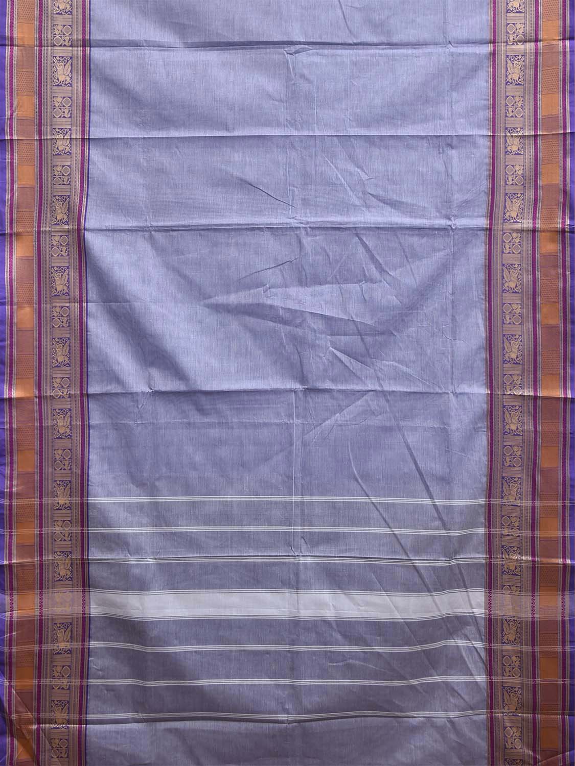 Light Blue Kanchipuram Cotton Plain Saree with Strips Pallu and Border Design No Blouse k1026
